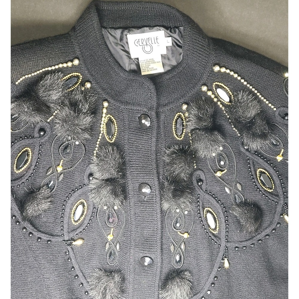 Vtg Cervelle Beaded Angora Lambswool Cardigan Sweater Black Size L Lined